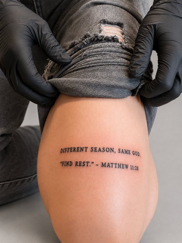 Typewriter-style scripture lettering tattoo on a thigh