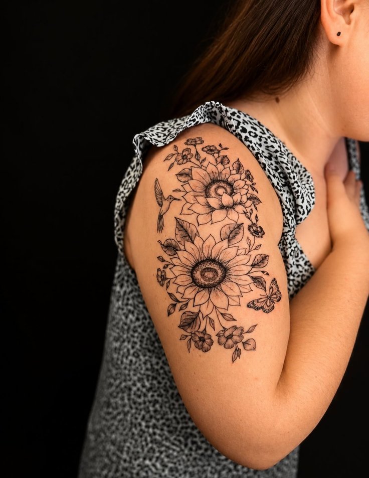 Detailed black-and-grey sunflower and hummingbird tattoo across a shoulder